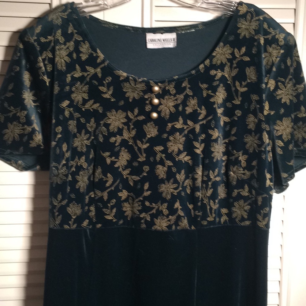 Caroline Wise Velvet Maxi Dress with Gold Floral Embroidery - Dark Green